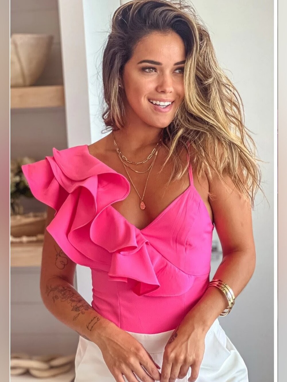 Tea n Cup Hot Electric Pink Romantic Statement One Sleeved Ruffled Bodysuit S